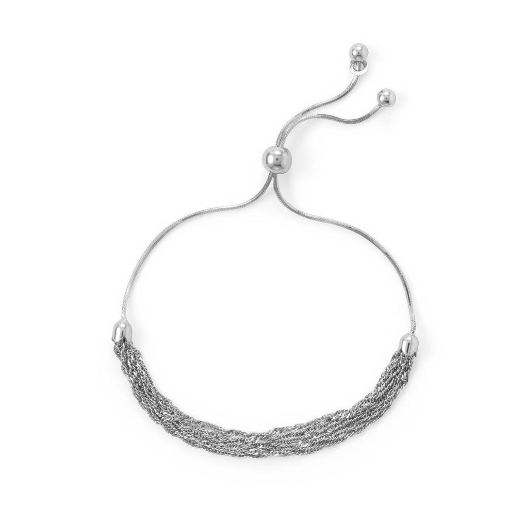 This adjustable bolo bracelet features six strands of delicate singapore chain intertwined with a sturdy 8 side snake chain. The rhodium plating adds a touch of luxury while the adjustable design ensures a perfect fit. Made in Italy from .925 sterling silver, it pairs perfectly with our other sterling silver jewelry.