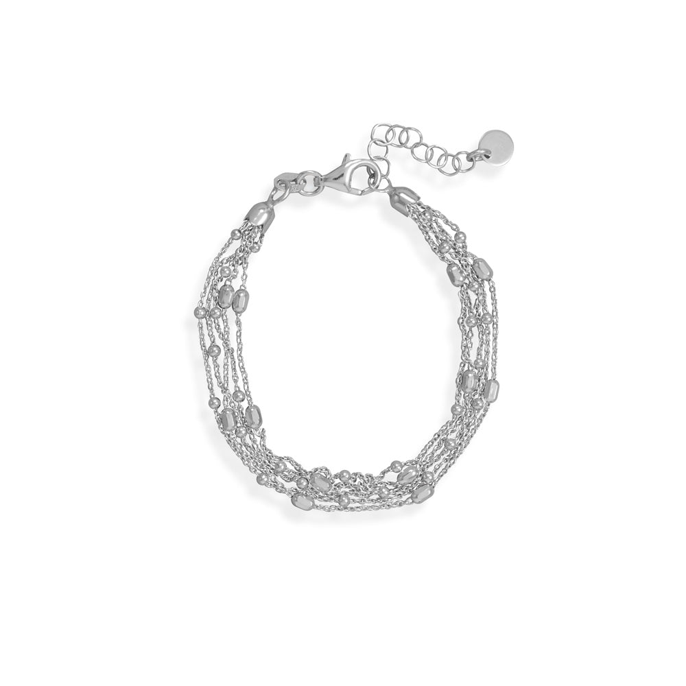 Indulge in opulence with our 6.5" + 1" Rhodium Plated Five Strand Satellite Chain Bracelet. The exquisite satellite chains, adorned with sterling silver beads, create a stunning five-strand masterpiece. The rhodium plating ensures longevity and a lustrous shine. Made in Italy with .925 sterling silver, this bracelet is a true luxury statement piece.