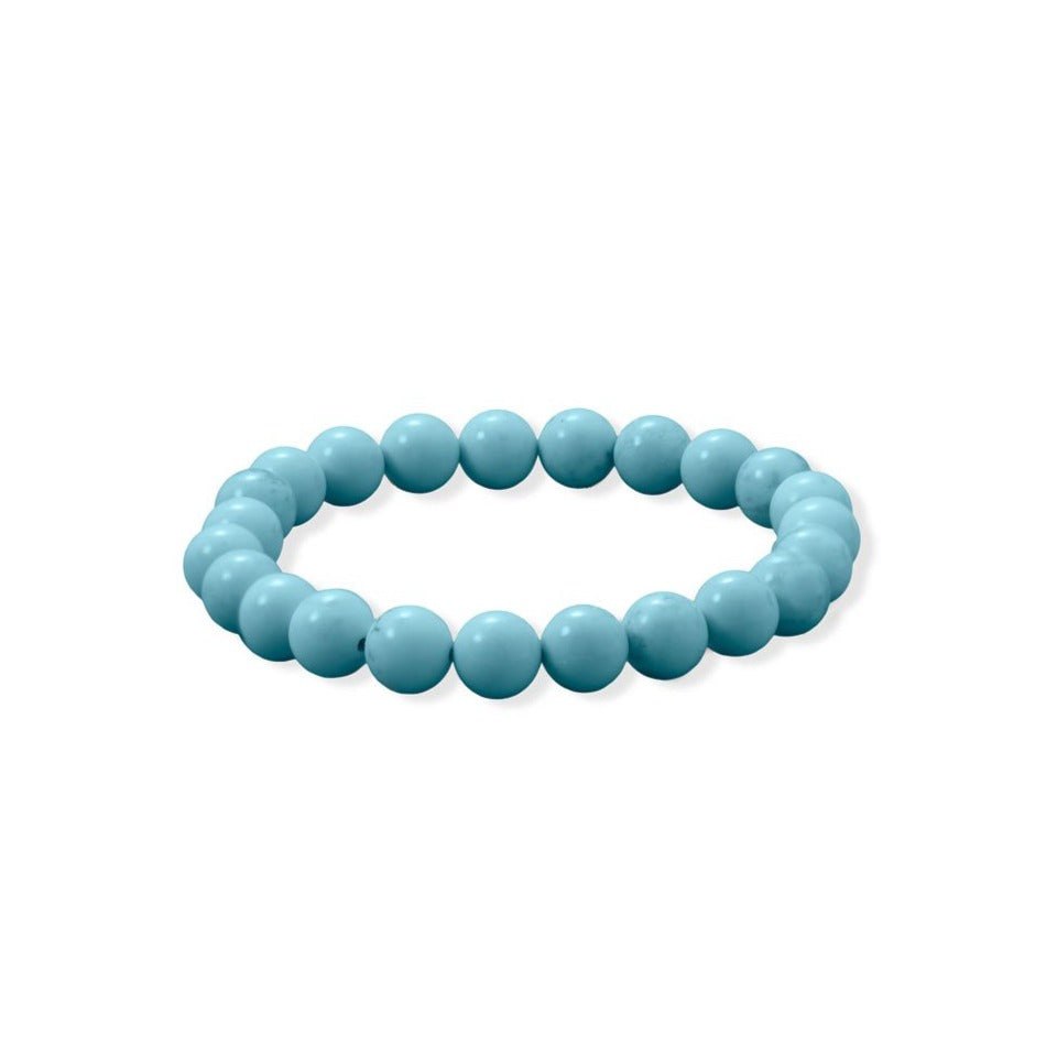  Introducing the 8mm dyed sky blue magnesite bead stretch bracelet.  A stunning piece of jewelry that exudes elegance and sophistication. Crafted from high-quality magnesite beads, this bracelet boasts a vibrant sky blue hue that is sure to catch the eye. The 8mm size of the beads provides a comfortable fit for most wrist sizes, while the stretch design ensures easy wear and removal. Magnesite is a mineral that is known for its calming and soothing properties.