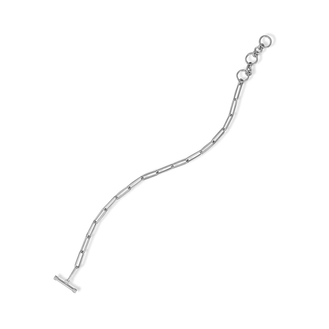 The latest and greatest. 6.5"-7.5" rhodium plated sterling silver paper clip style chain bracelet. Finished with an adjustable length toggle closure. .925 Sterling Silver