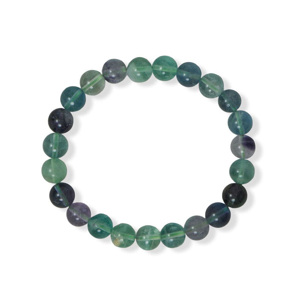  Introducing the 8mm fluorite bead stretch bracelet, a stunning piece of jewelry that exudes elegance and sophistication.  Fluorite, a mineral that is found in a variety of locations around the world, is known for its unique and vibrant colors. The 8mm fluorite beads used in this bracelet showcase the mineral's natural beauty, with shades of purple, green, and blue that are sure to catch the eye.