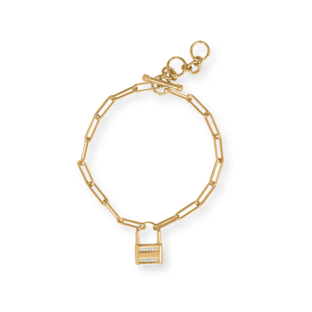 Indulge in the ultimate style with this unique 14K gold plated bracelet, featuring a lock charm adorned with cubic zirconia. The adjustable toggle closure and .925 sterling silver chain add to its allure. Pair with our other paper clip and lock gold jewelry pieces for a complete look. Revel in the value and beauty of the gold plating, while the lock charm symbolizes security and commitment.