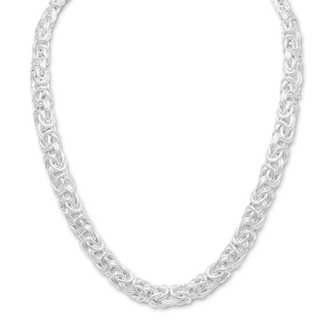 Introducing our showstopping and stunning necklace, exuding elegance and grace. Crafted with supple and flexible sterling silver, this 18" masterpiece measures approximately 12mm wide. The intricate Byzantine style, coupled with the high polish and extra large spring ring closure, creates a mesmerizing design. Made in Italy with .925 Sterling Silver, this necklace is a beautiful gift for a loved one and pairs perfectly with our other sterling silver Byzantine jewelry pieces.