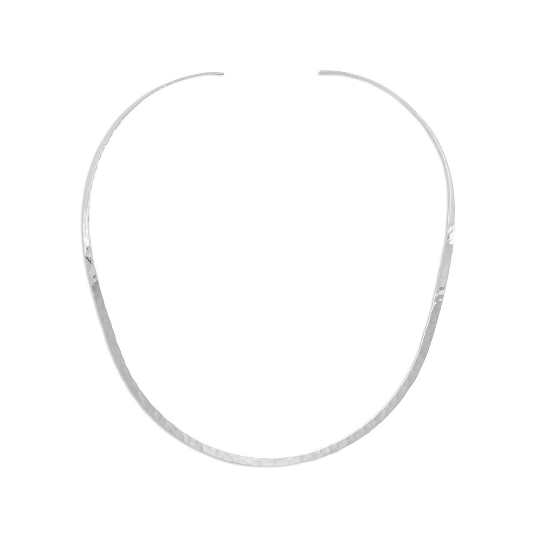 Indulge in the exquisite allure of this 3mm hammered open back collar necklace, crafted from .925 sterling silver. Its delicate weight will leave you feeling weightless, while its captivating design draws the gaze of all who behold it. Pair it with our other hammered sterling silver pieces for a truly luxurious look.