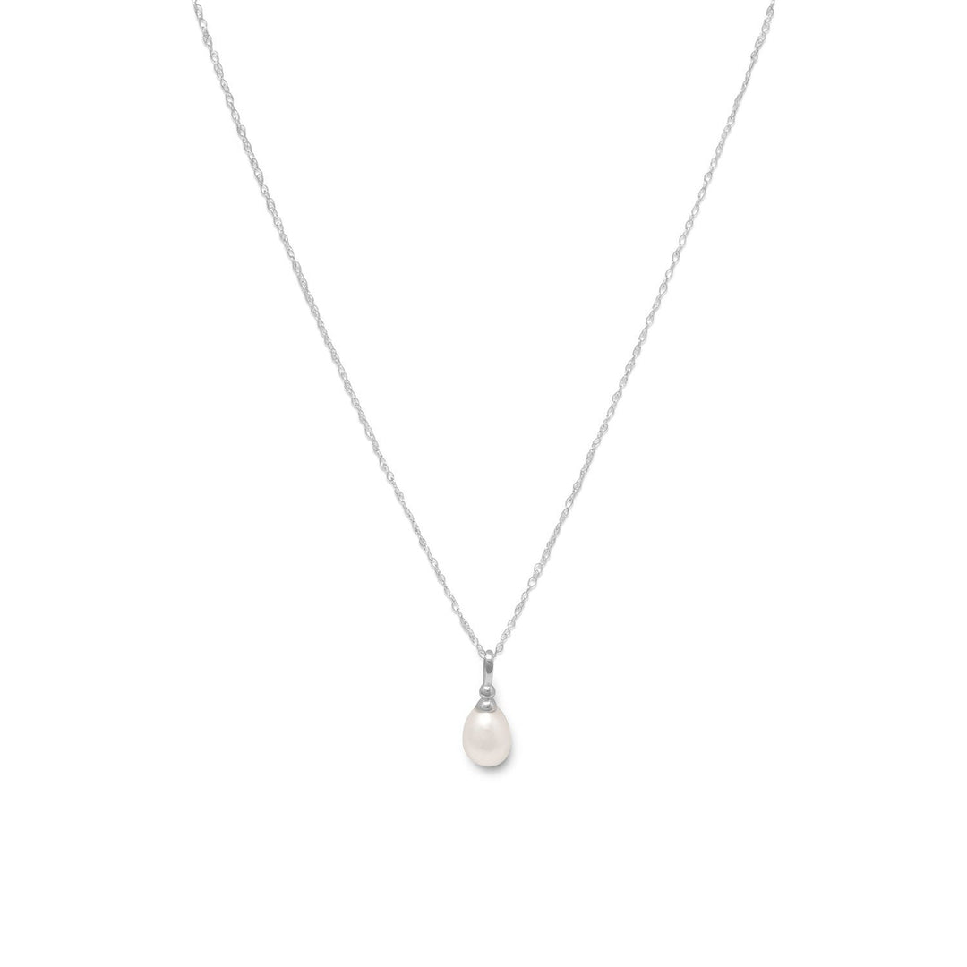 18" rhodium plated sterling silver necklace with a white cultured freshwater pearl drop. Cultured freshwater pearl is approximately 6.5mm x 8.5mm. Necklace has a spring ring closure.