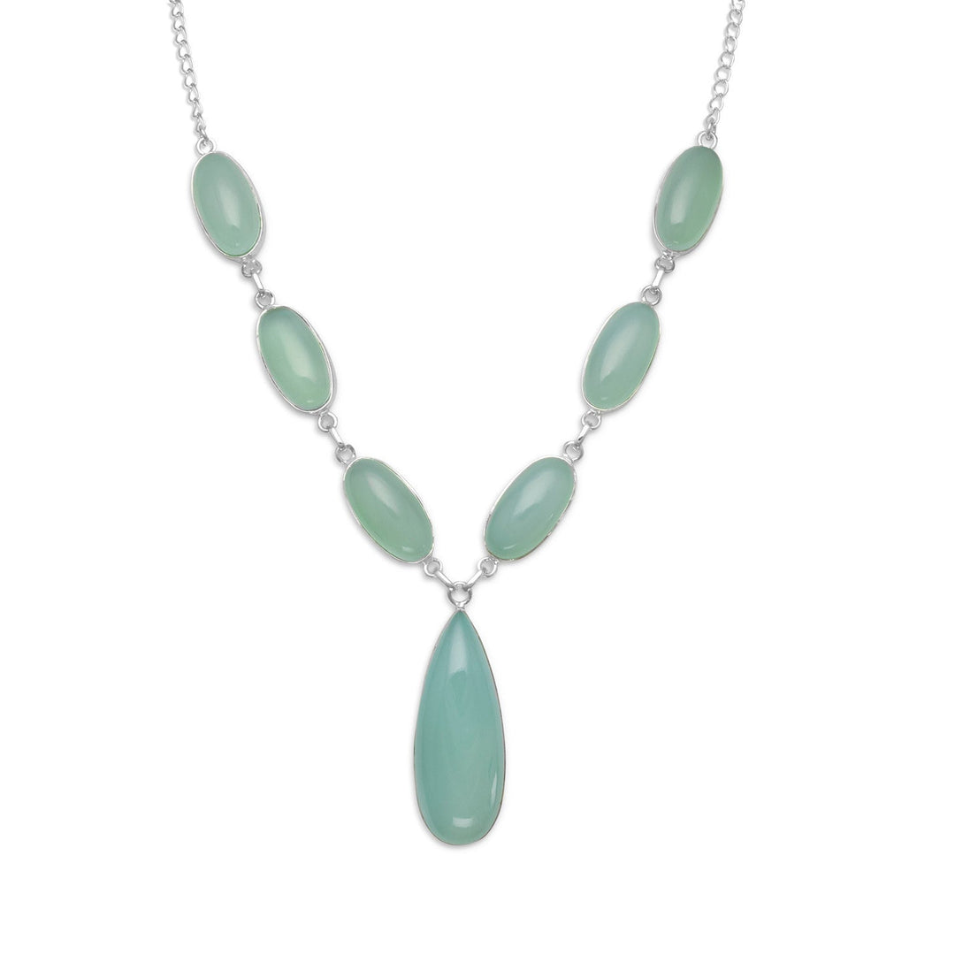 17.5" sterling silver drop necklace with oval and pear shape sea green chalcedony. Oval chalcedony measures 20mm x 10mm and drop measures 39mm x 14mm. .925 Sterling Silver