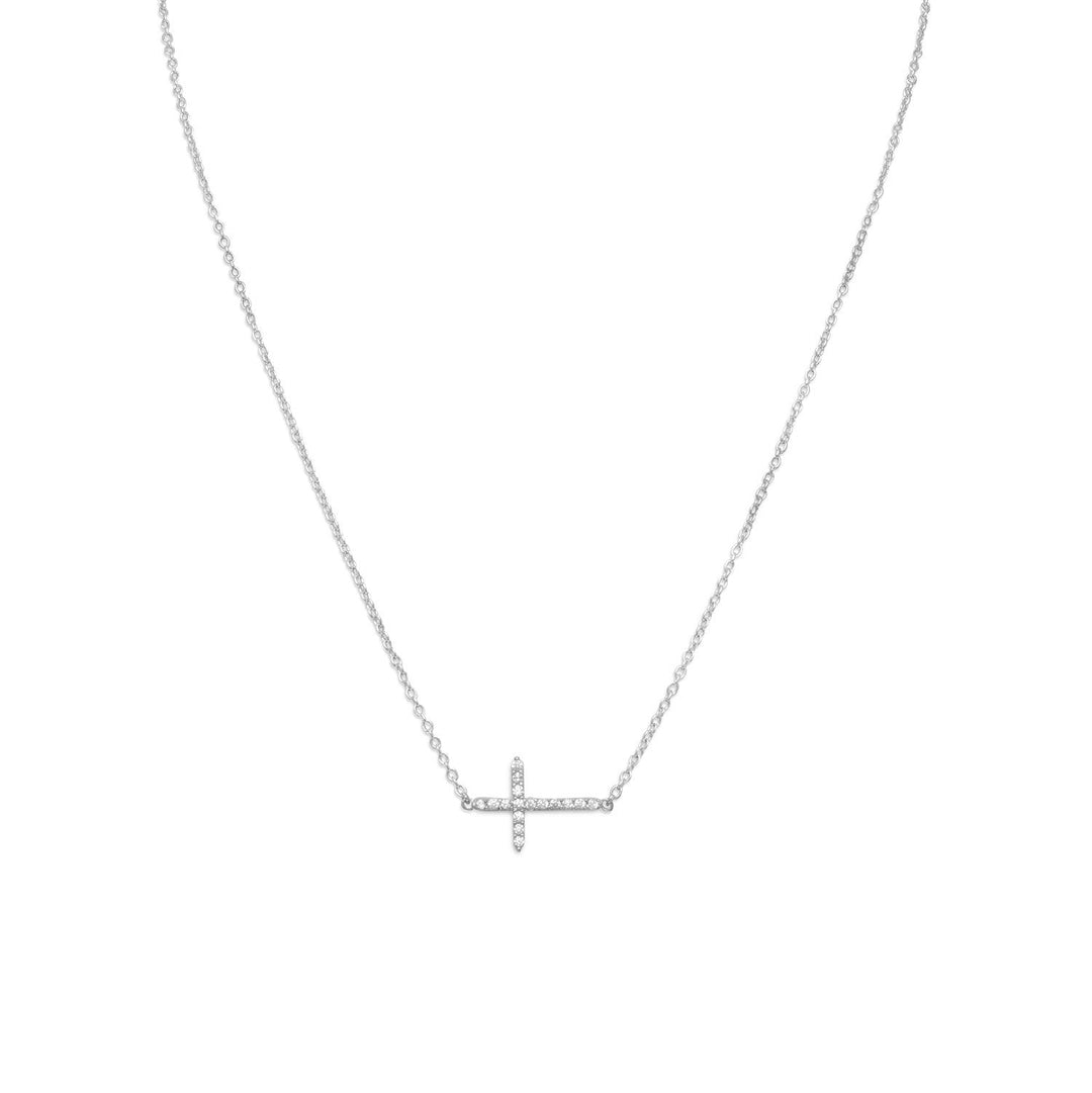 16" + 2" extension rhodium plated sterling silver necklace with clear Cubic zirconia sideways cross. The Cubic zirconia cross is approximately 11mm x 15mm. This necklace has a spring ring closure