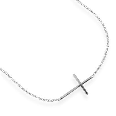 Introducing our exquisite 7" + 1" extension rhodium plated sterling silver bracelet, featuring a polished sideways cross measuring approximately 15mm x 25mm. This bracelet is designed with a spring ring closure for easy and secure wear. Crafted from .925 sterling silver, this bracelet is a perfect gift for both men and women