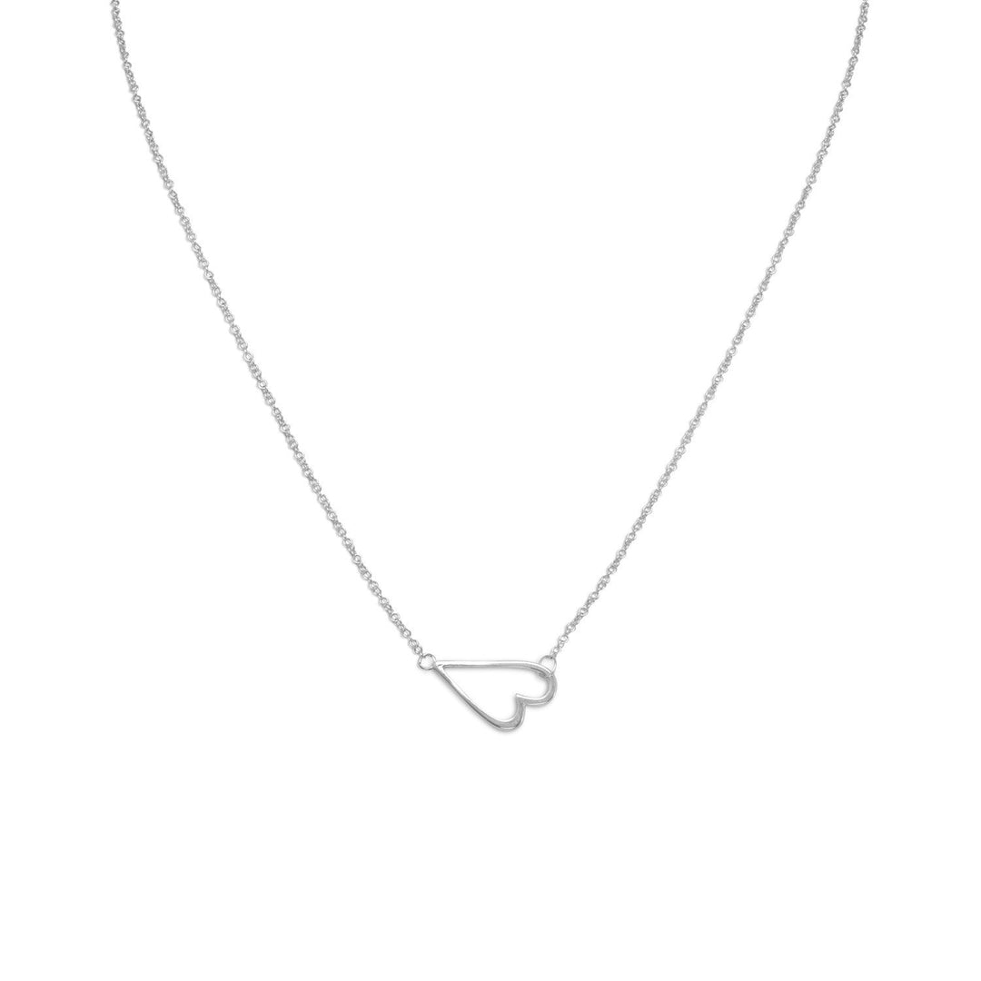 Charming 16" + 2" extension rhodium plated sterling silver sideways heart necklace. The heart is approximately 12mm x 18mm. This necklace has a spring ring closure. 