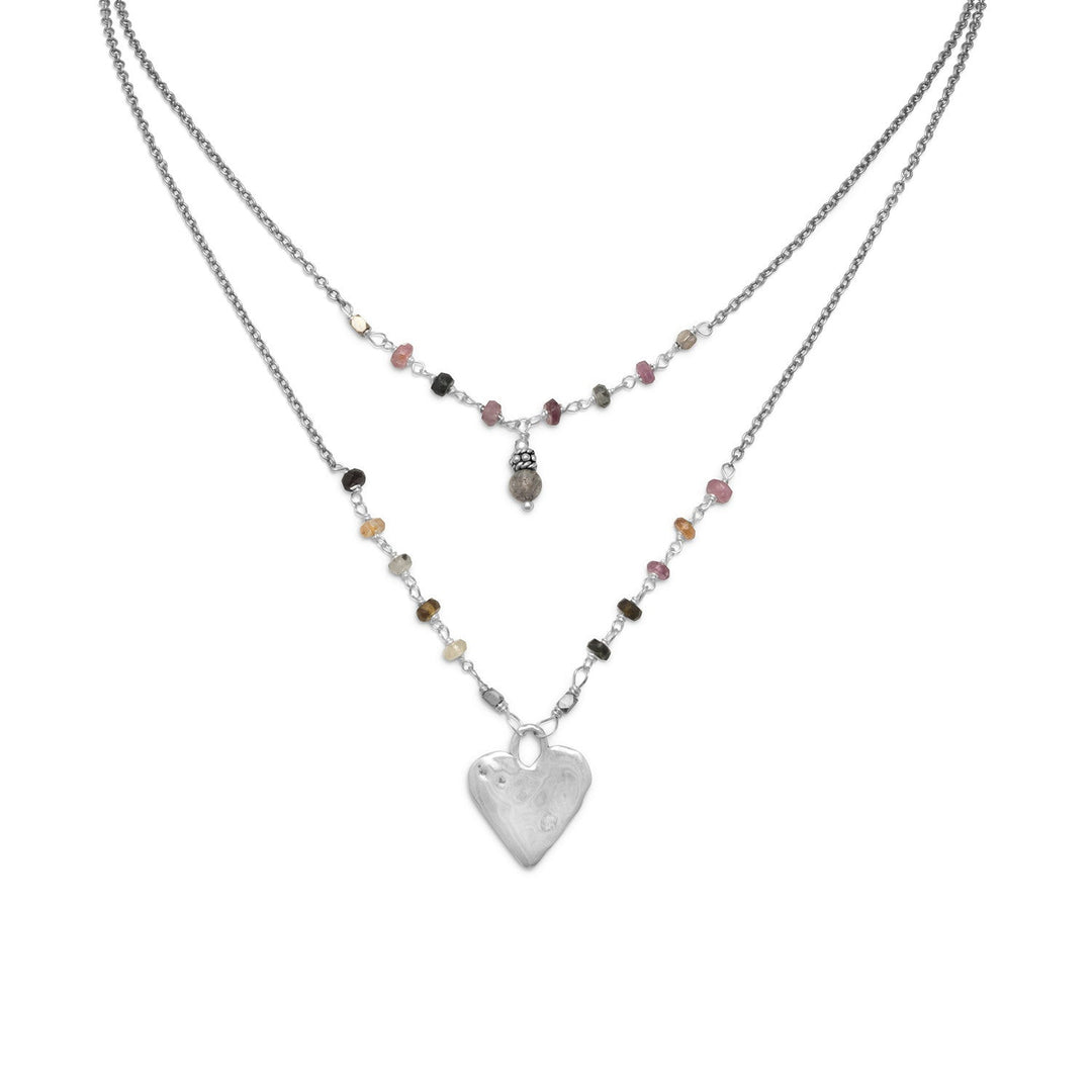 This heart drop necklace is a beautiful addition to any collection. The multicolor tourmaline stones and labradorite bead add value and beauty. The textured heart and oxidized sterling silver chain make it unique. It measures 18" with a 2" extension chain and has a lobster clasp closure. It's made of .925 sterling silver and would make a great gift for a loved one.