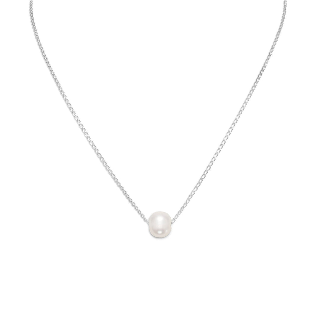 The 16" + 2" extension sterling silver necklace with a 9mm floating cultured freshwater pearl is a stunning piece of jewelry that is sure to turn heads; with its simplistic yet elegant design, it is the perfect accessory for any occasion.