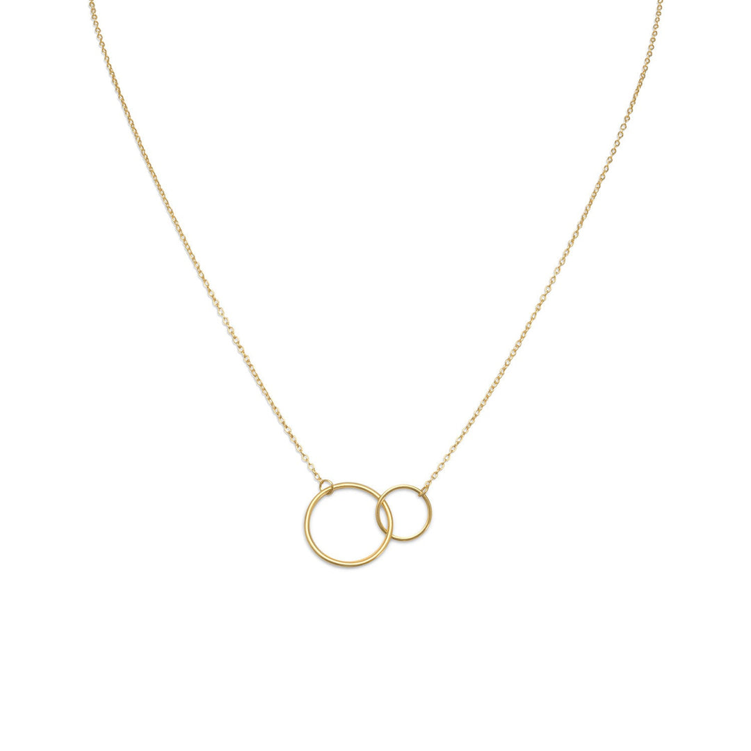 This is a 16" + 2" extension necklace made of 14 karat gold plated sterling silver. It has a small and large circle link center, with circles that are about 10mm and 16mm. The necklace has a lobster clasp closure.