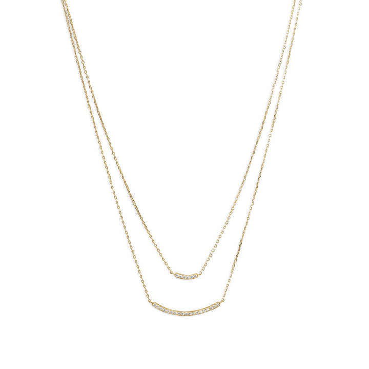 Introducing our stunning 16" + 2" extension double strand necklace! Crafted with love, this 14 karat gold plated sterling silver beauty features curved cubic zirconia bars that radiate elegance. With a lobster clasp closure, it's a must-have accessory for any occasion. Elevate your style with the value and beauty of this exquisite piece.