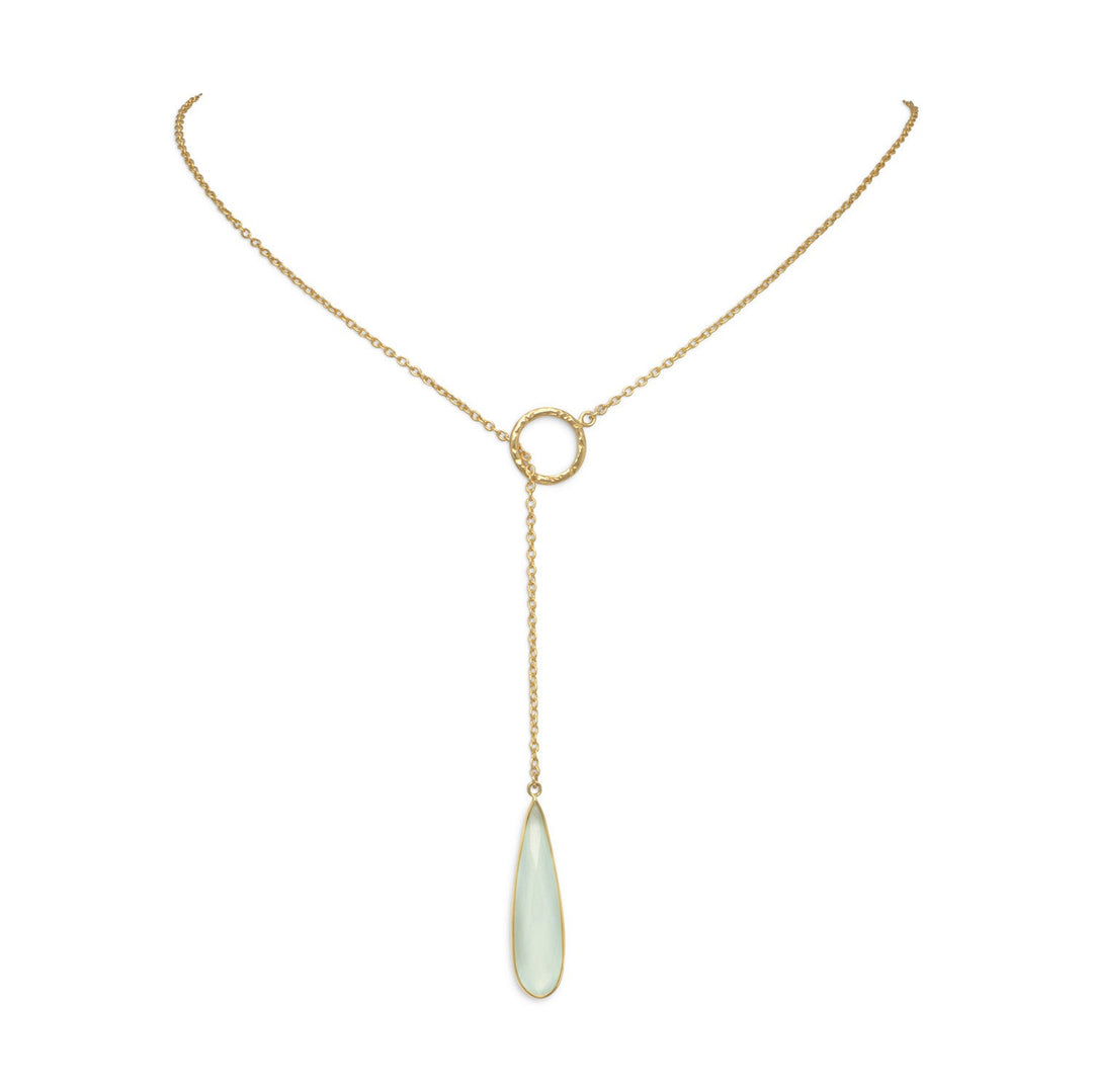 24" 14 karat gold plated sterling silver lariat style necklace with faceted chalcedony drop. The chalcedony is approximately 7.5mm x 29mm. .925 Sterling Silver