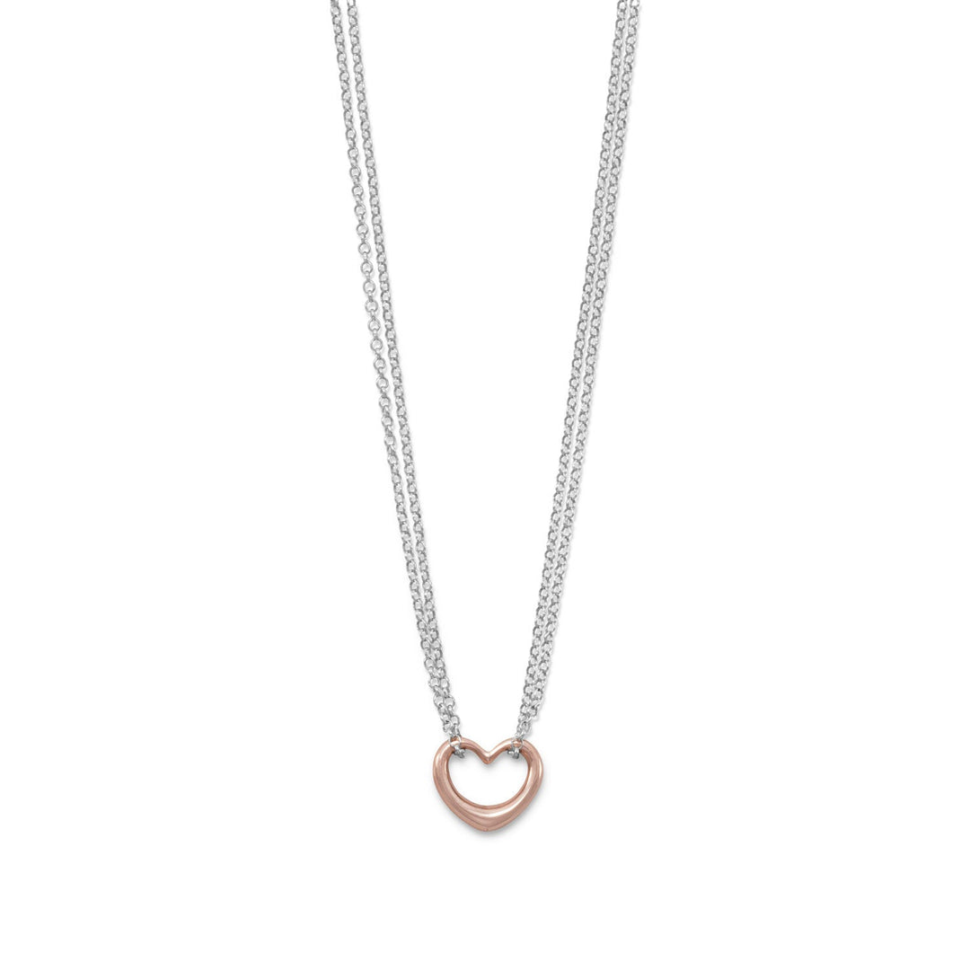 Indulge in opulence with our 18" double strand necklace, rhodium plated for enduring beauty. The 14 karat rose gold open heart pendant adds value and charm. Lobster clasp closure. Made in Italy.