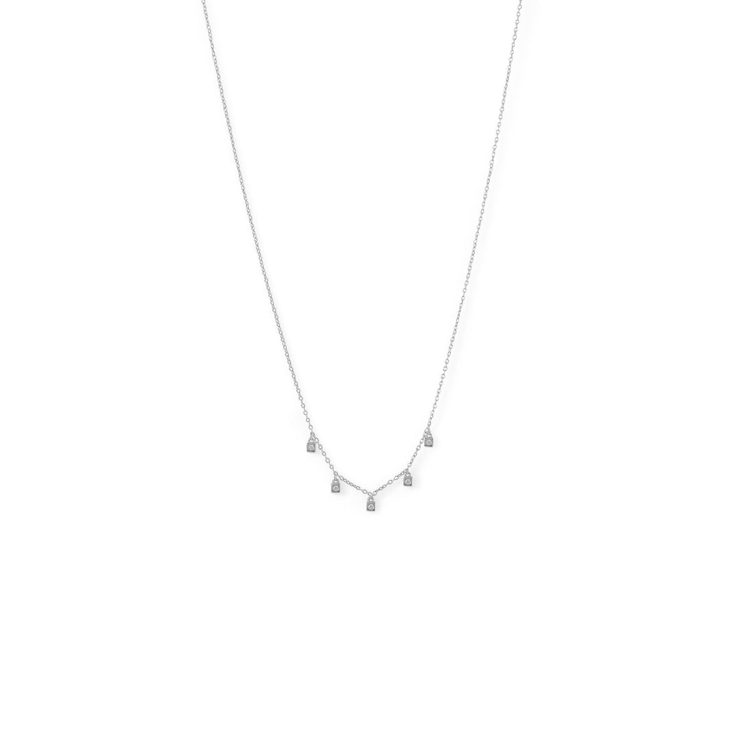 Charming necklace in 16" with 2" extension. Rhodium-plated .925 Sterling Silversterling silver with 5 tiny 2.7mm squares each holding one 1.6mm Cubic Zirconia on 1.1mm cable chain. Lobster clasp closure.