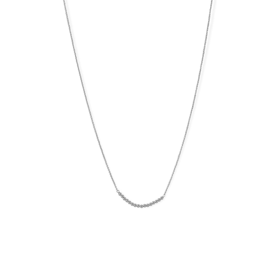 Introducing our exquisite 16" + 2" extension rhodium plated sterling silver beaded bar design necklace. Crafted with precision, this luxurious piece showcases sixteen 2mm beads on a delicate 1mm cable chain. Finished with a lobster clasp closure, this .925 sterling silver necklace is perfect for elevating your everyday style.
