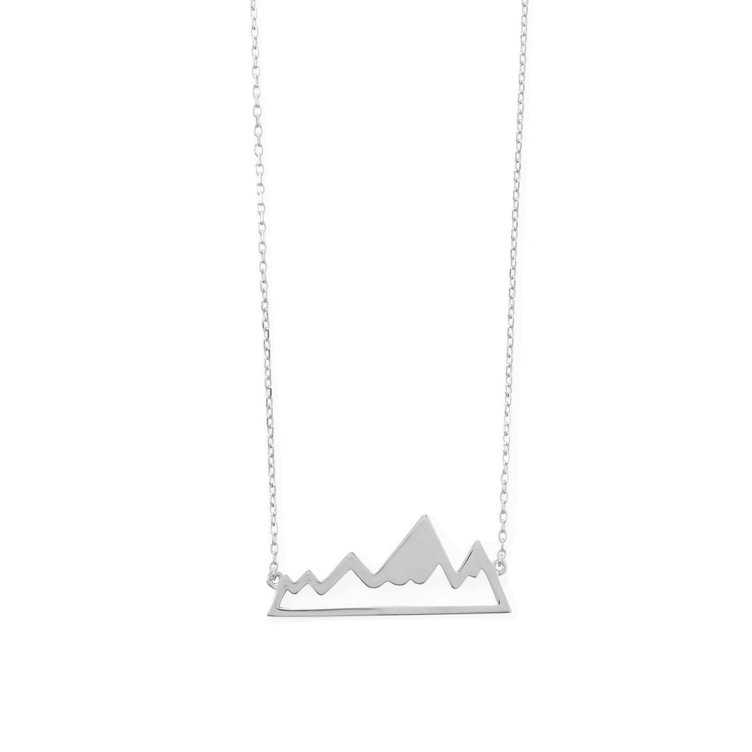 Introducing our stunning rhodium plated sterling silver mountain range necklace. Designed to elevate your style while exploring the beauty of nature. The necklace boasts a length of 16" with an additional 2" extension, Featuring a mountain range pendant measuring 30mm x 13mm.