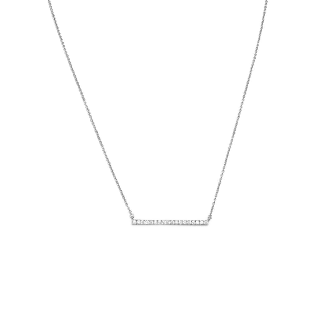 Introducing the exquisite 16” + 2” rhodium plated sterling silver Cubic Zirconia bar necklace, a stunning piece of jewelry that exudes elegance and sophistication. The centerpiece of this necklace is the Cubic Zirconia bar, which measures approximately 2mm x 30mm and is adorned with dazzling cubic zirconia stones that radiate a captivating sparkle at the neckline. Crafted from .925 sterling silver