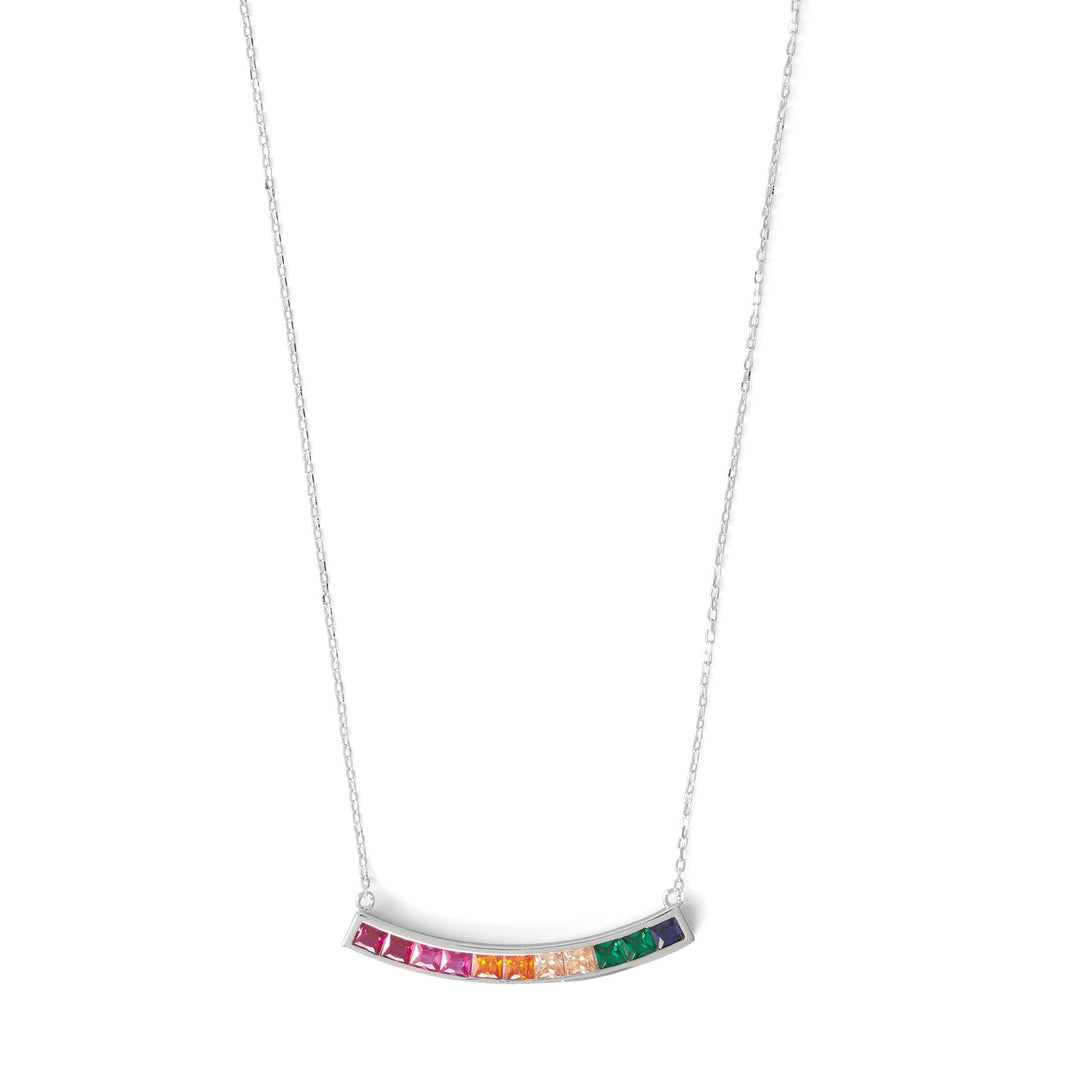 Color your world! Rhodium plated sterling silver rainbow Cubic Zirconia necklace measures 16" with a 2" extension. The curved bar measures 37mm and features 11 square 3mm Cubic Zirconias. Lobster clasp closure. .925 Sterling Silver