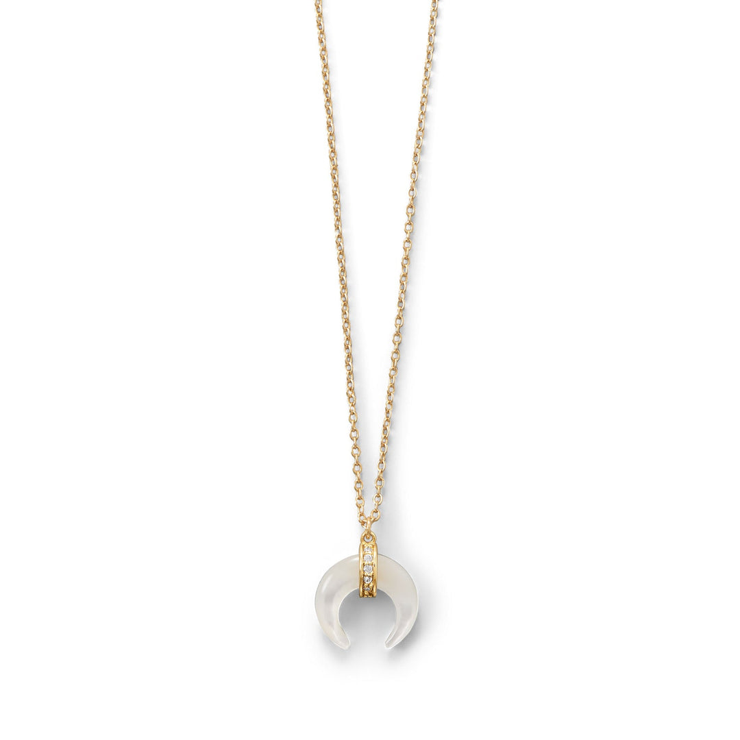 Introducing our exquisite 15"+1"+1" 14 karat gold plated sterling silver necklace, adorned with a mesmerizing mother of pearl crescent. The shell crescent, measuring 13.3mm x 13mm, gracefully suspends from a cubic zirconia accented bale on a 1.2mm cable chain. With a spring ring closure and crafted from .925 Sterling Silver, this piece is not only a fabulous gift for a loved one but also pairs perfectly with our other shell crescent and gold jewelry pieces. Elevate your style with this luxurious accessory.