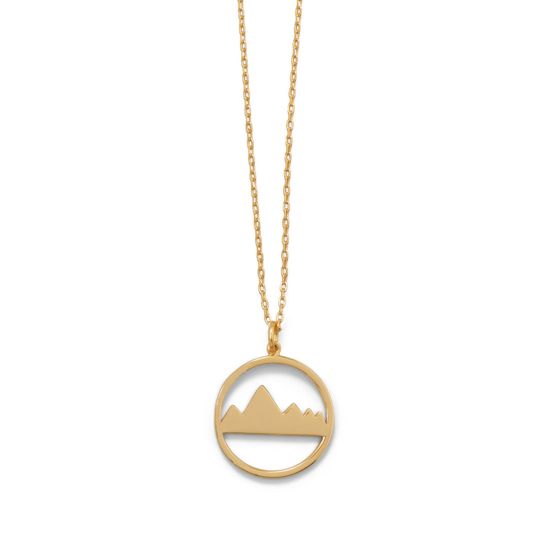 Reach a new peak of fashion with our 14 karat gold plated sterling silver mountain range necklace! 16" + 2" extension necklace, with the mountain range pendant measuring 17mm across. Necklace features a lobster clasp closure. .925 Sterling Silver