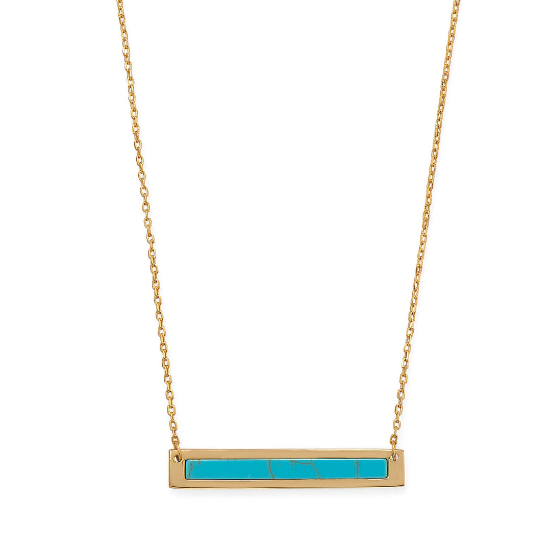 Indulge in timeless elegance with our 14K gold plated sterling silver bar necklace, adorned with reconstituted turquoise. The gold plating exudes luxury and the reconstituted turquoise adds a touch of sophistication. Measuring 16" with a 2" extension chain and a lobster clasp closure, this piece is sure to become a classic in your jewelry collection. Pair it with our other turquoise and gold jewelry collections for a truly opulent look.