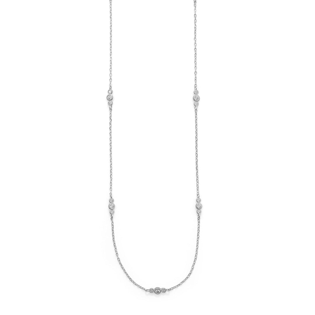Indulge in opulence with our exquisite 30" rhodium plated sterling silver necklace. Adorned with 13 dazzling cubic zirconias, this piece exudes elegance and sophistication. Elevate your style with the beauty and value of the cubic zirconias against the .925 sterling silver. Wear it as a long single strand or double up for a truly dramatic effect. Experience the allure of luxury with this stunning necklace.