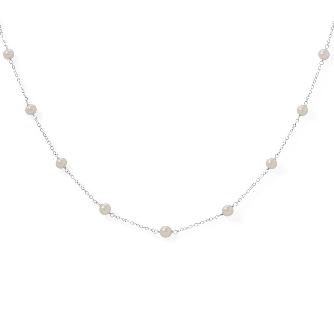 Beautiful, brilliant - BRIDAL! 16" sterling silver necklace features nine 6mm-6.5mm, near round, cultured freshwater pearls, and a lobster clasp closure. This necklace features two smaller 3mm pearls near the clasp.  .925 Sterling Silver 