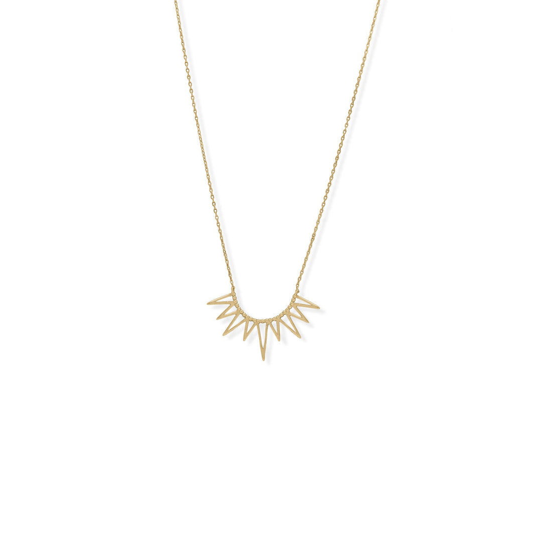 Shine all day! 16" +&nbsp; 2" 14 karat gold plated sterling silver necklace features a sun ray design with beaded edge accent.&nbsp;Design is 23.5mm x 38mm and necklace is finished with a lobster clasp closure.&nbsp;<br>.925 Sterling Silver