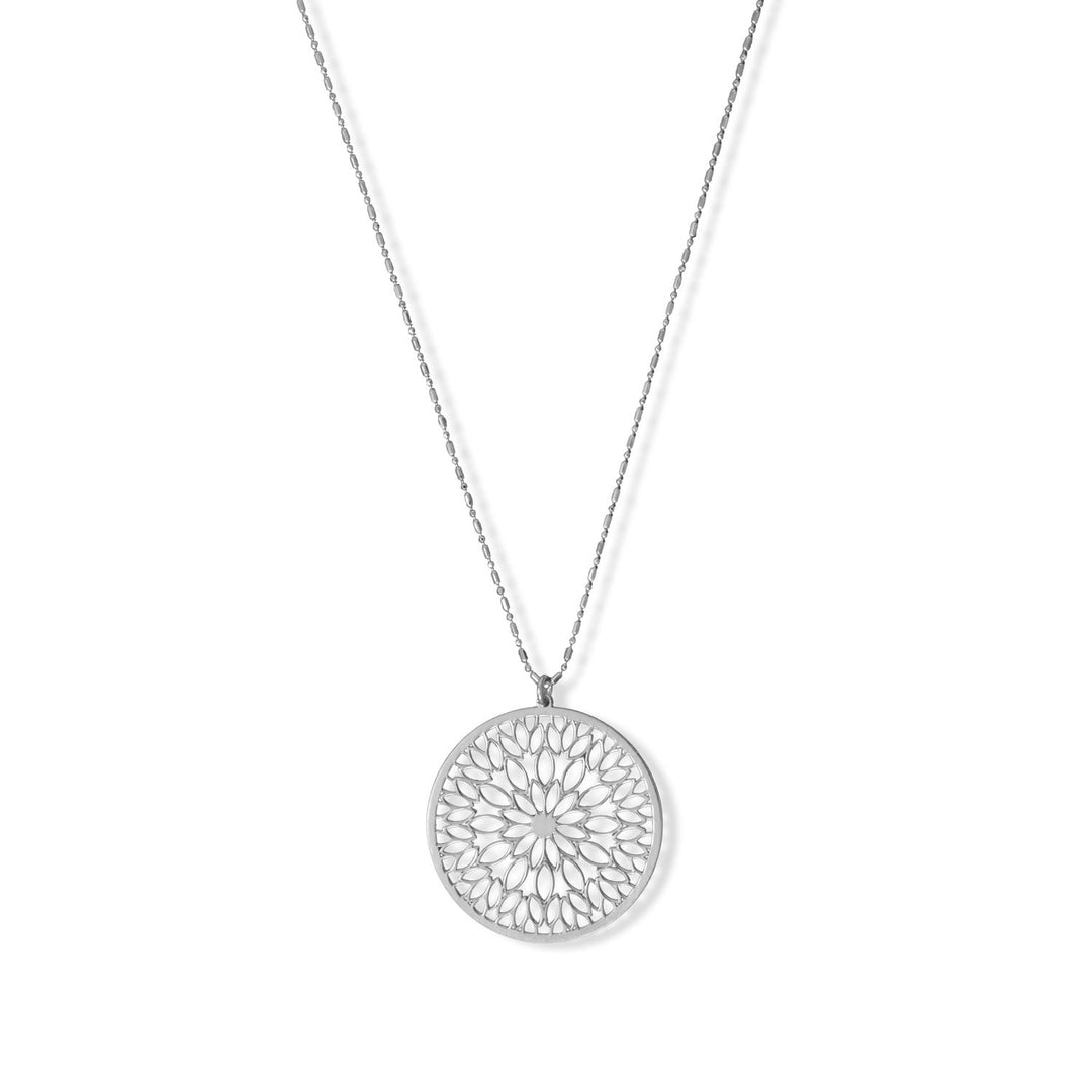 Indulge in opulence with our exquisite 18" + 2" rhodium plated sterling silver necklace. Adorned with a 37mm round cutout floral mandala pattern disk, its intricate detail captivates. Crafted in Italy from .925 Sterling Silver, this necklace is a luxurious gift for a loved one. Pair it effortlessly with our other sterling silver jewelry pieces for a truly enchanting ensemble.