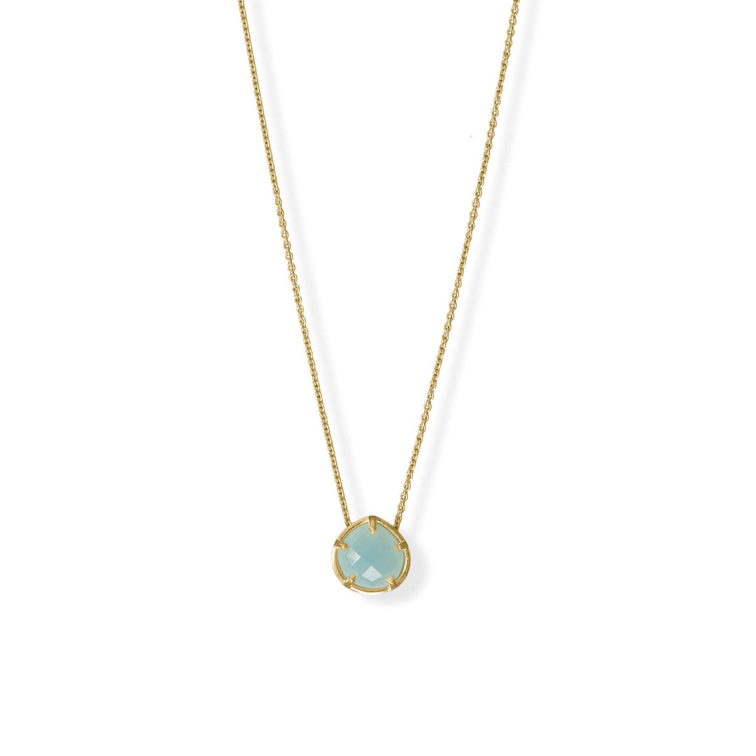 Dainty delight. 16" + 2" 14 karat gold plated sterling silver necklace features an 8mm fancy cut aqua chalcedony slide and is finished with a lobster clasp closure.  .925 Sterling Silver 