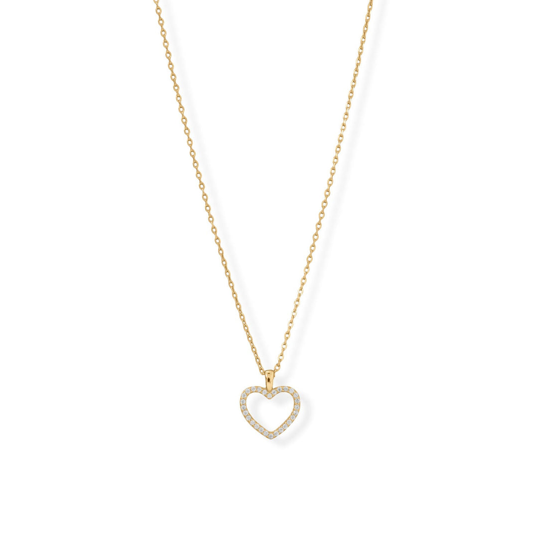 Lovely and radiant! 14 karat gold plated sterling silver necklace features an outline heart pendant decorated with Cubic Zirconias and finished with a lobster clasp closure. Pendant is 12mm x 13.5mm. .925 Sterling Silver 