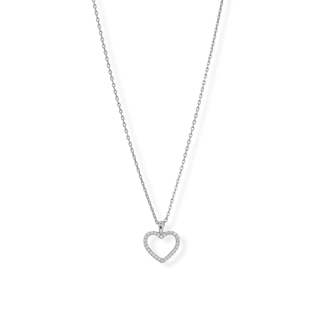 Simple and sweet! Rhodium plated sterling silver necklace features an outline heart pendant decorated with CZs and finished with a lobster clasp closure. Pendant is 12mm x 13.5mm. .925 Sterling Silver 