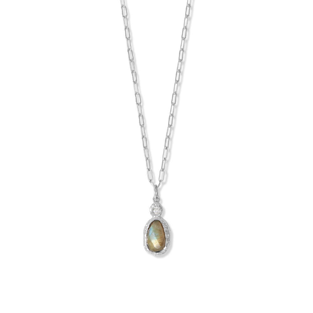 Elevate your style with this designer necklace featuring a stunning labradorite and cubic zirconia drop. Rhodium plating ensures lasting shine on .925 sterling silver. The trendy paperclip chain pairs perfectly with other link chain jewelry.