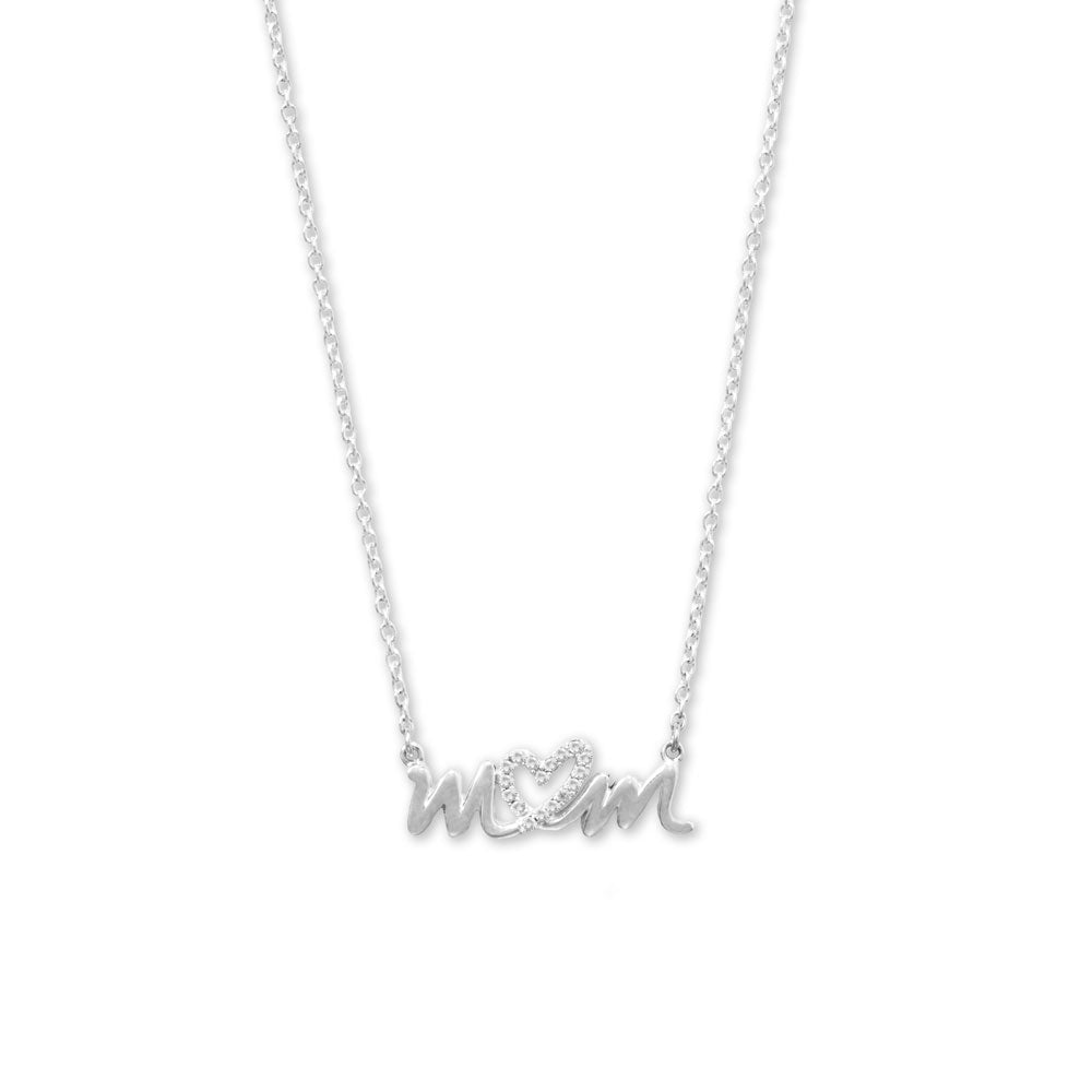 Introducing a stunning piece of jewelry that is sure to delight the special moms in your life - the 16" + 2" sterling silver "mom" necklace. This exquisite necklace boasts a heart detail adorned with 1.8mm Cubic Zirconias, adding a touch of sparkle and elegance to the design. The total necklace measures 25.5mm X 8.5mm and is secured with a spring ring closure, ensuring a comfortable and secure fit.
