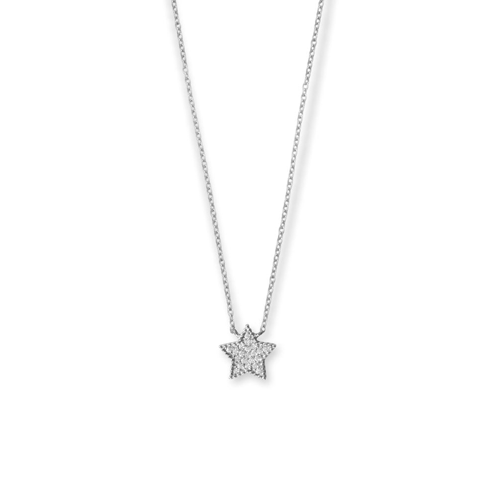 Introducing the Wish Upon a Star necklace, a stunning piece of jewelry that exudes elegance and sophistication.The necklace features a 16" chain with a 2" extension, making it adjustable to fit any neck size comfortably. The star pendant, measuring 9.6mm x 9.9mm, is adorned with 1mm pave cubic zirconias, adding a touch of sparkle and glamour to the piece. The pave cubic zirconias are of exceptional quality. The star pendant's size is perfect for making  a statement.