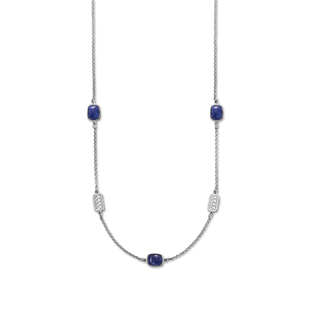 16" + 2" rhodium plated sterling silver necklace features three 6.5mm x 5mm sodalite settings and two 8mm x 5mm woven design accents. Necklace is finished with a lobster clasp closure.  .925 Sterling Silver