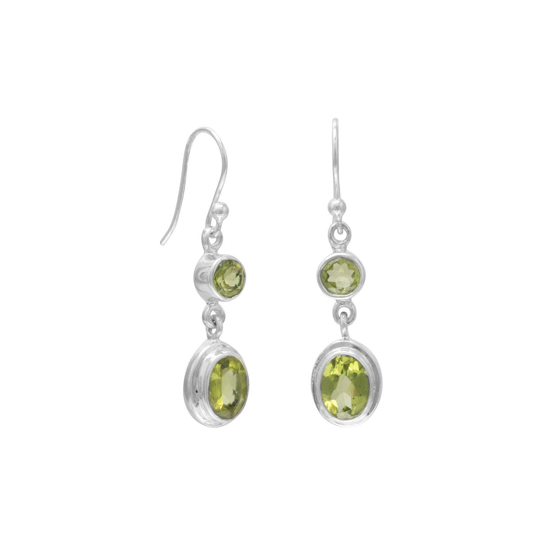 Sterling silver french wire earrings with 5mm round and 8mm x 6mm oval faceted peridot. .925 Sterling Silver These earrings will pair perfectly with our other Peridot and sterling silver jewelry pieces.