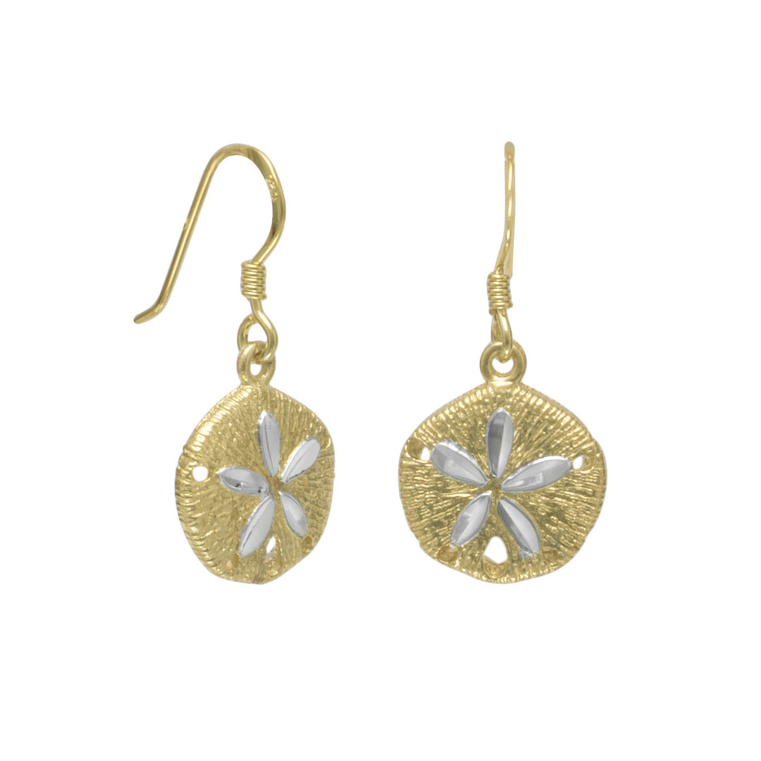 14 karat gold plated sand dollar french wire earrings with diamond cut accents. Sand dollars are 13mm and have a hanging length of 28mm. .925 Sterling Silver