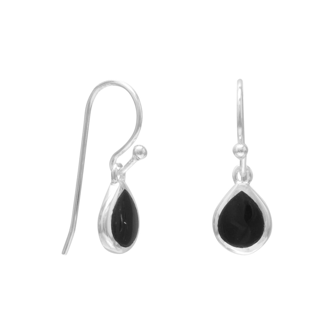 French wire earrings hang 21mm and feature 7.5mm black onyx drops. .925 Sterling Silver
