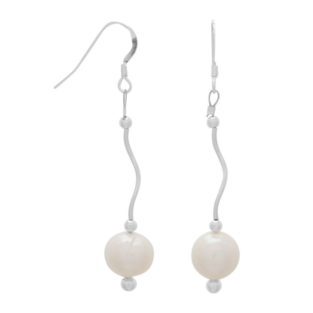 Sterling silver french wire earrings with wave design, 2.5mm silver beads and 9mm cultured freshwater pearl drop. Earrings hang 47mm.