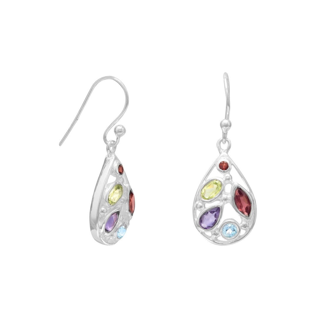 Sterling Silver Multi-Stone Earrings. Pear drop polished sterling silver french wire earrings with cut out oval, marquise, round, and pear shape stones. Stones include amethyst, blue topaz, garnet, and peridot. Earrings measure 31mm x 11.5mm.