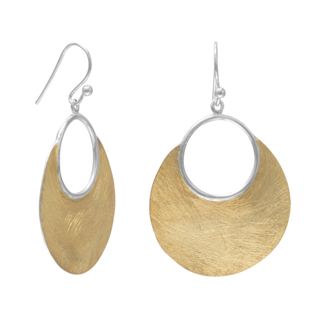 Brushed 14 karat gold plated sterling silver open design french wire earrings. The open ring and french wires are polished sterling silver. The earrings hang approximately 45.5mm and are 29mm across.