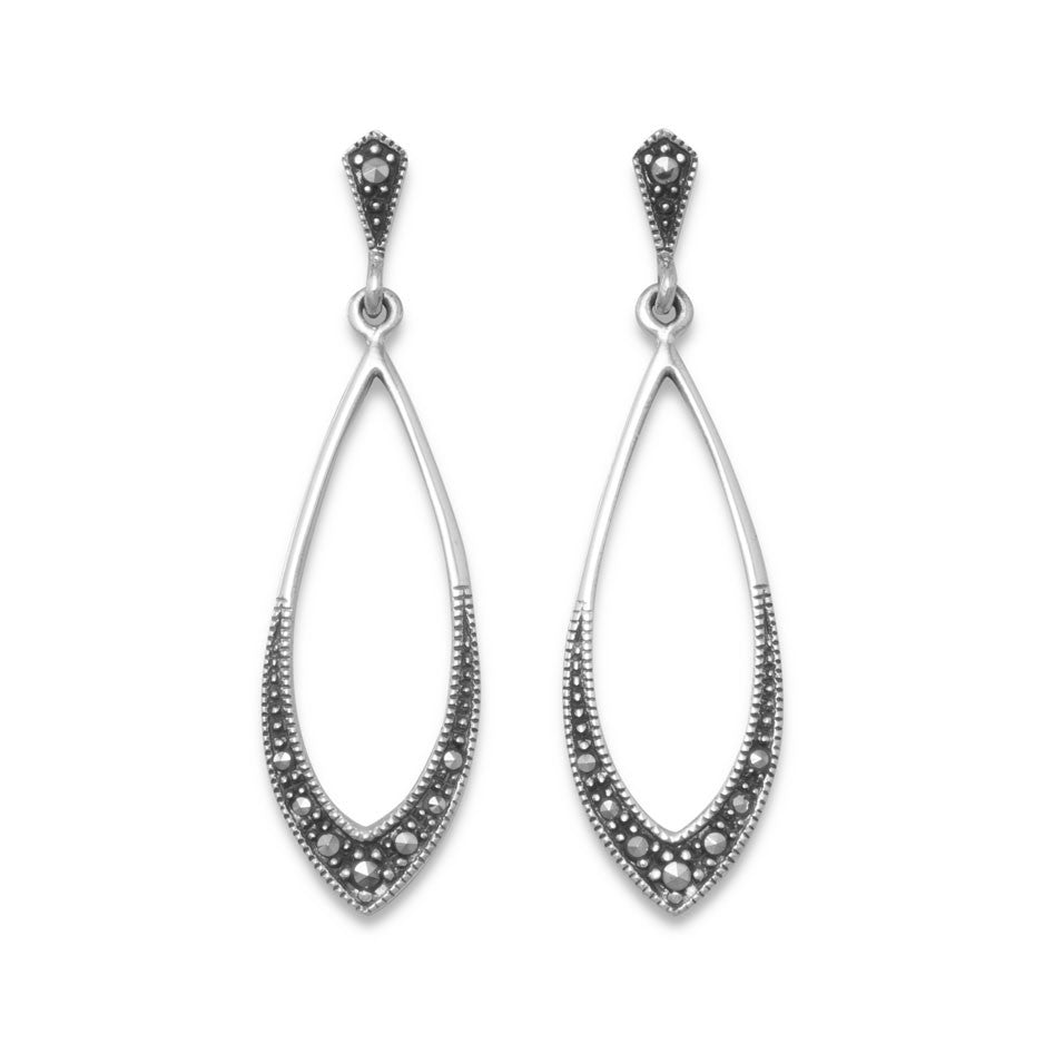 Sterling silver and marcasite soft marquise shape drop earrings. These post back earrings hang approximately 42mm. .925 Sterling Silver