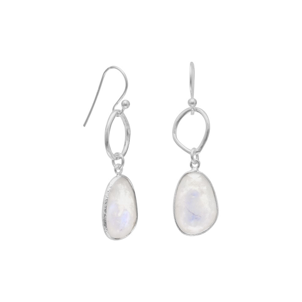 Textured sterling silver french wire earrings with rainbow moonstone drops. The freeform stones will vary in shape and size, but will be approximately 12mm x 14mm. The earrings hang approximately 41mm. .925 Sterling Silver