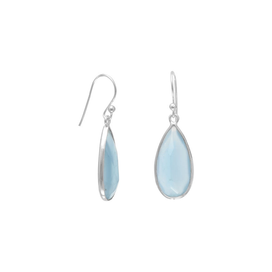 Sterling silver french wire earrings with pear shape faceted 10mm x 20mm blue chalcedony drop. The earrings hang approximately 35mm. .925 Sterling Silver