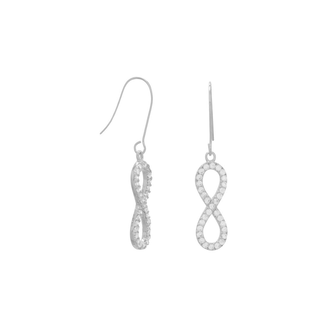 Rhodium plated sterling silver french wire earrings with CZ covered infinity drops. The infinity symbol measures approximately 7mm x 20mm. The earrings hang 35mm. .925 Sterling Silver