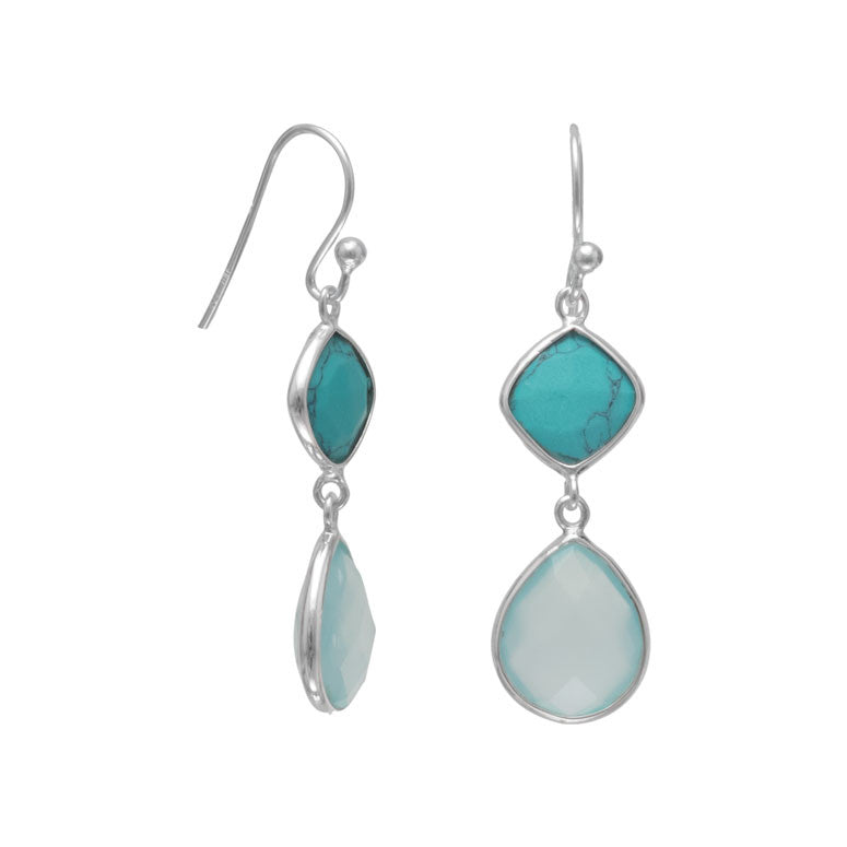 Sterling silver french wire earrings with 9.5mm soft square faceted stabilized turquoise and 10mm x 12mm faceted pear sea green chalcedony. The drop earrings hang approximately 1.75". .925 Sterling Silver