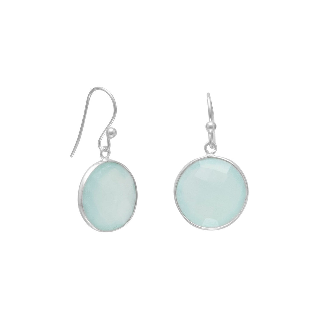 Sterling silver french wire earrings with 15mm faceted sea green chalcedony drops. The earrings hang approximately 30mm. .925 Sterling Silver